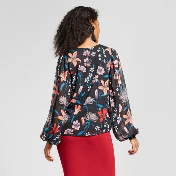 New WWW Black Floral Blouson Long Sleeve Blouse S - Picture 2 of 8